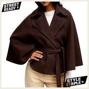 Wool Blend Cropped Cape Jacket with Belt Batwing Sleeve Poncho Overcoat